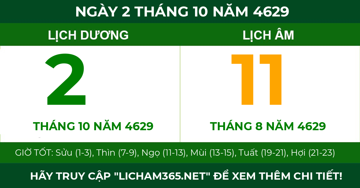 lịch âm ngày 2 tháng 10 năm 4629