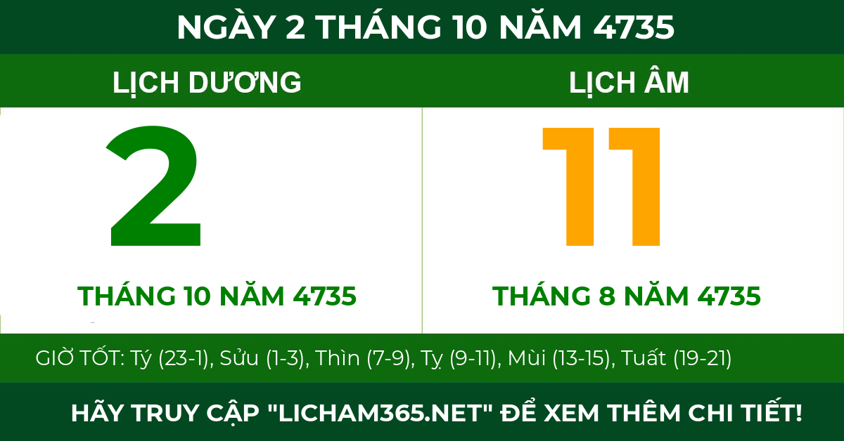 lịch âm ngày 2 tháng 10 năm 4735