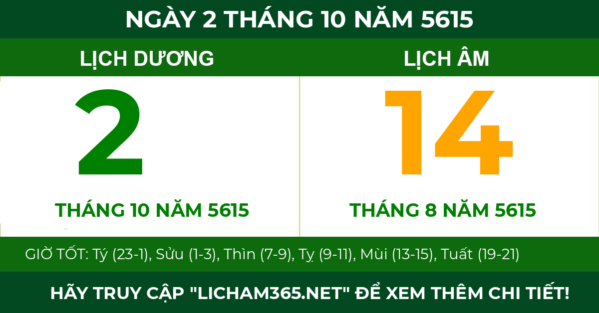 lịch âm ngày 2 tháng 10 năm 5615