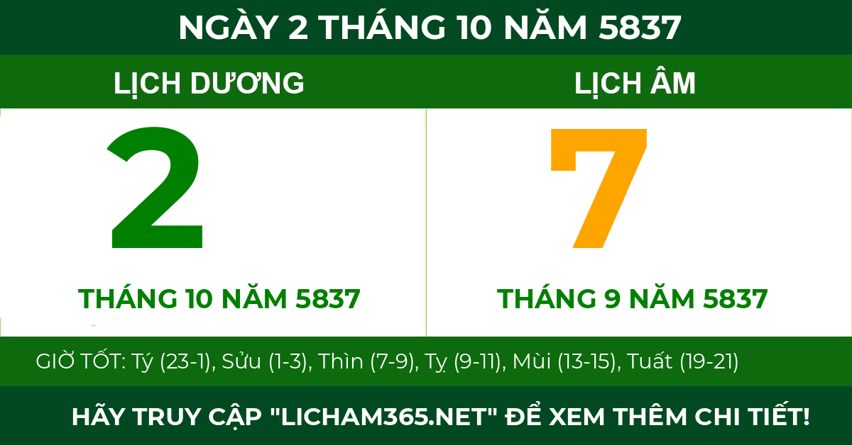 lịch âm ngày 2 tháng 10 năm 5837