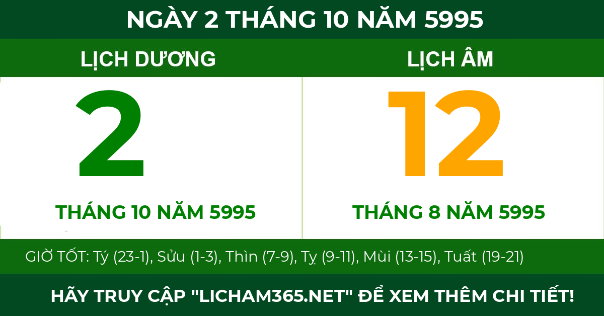 lịch âm ngày 2 tháng 10 năm 5995