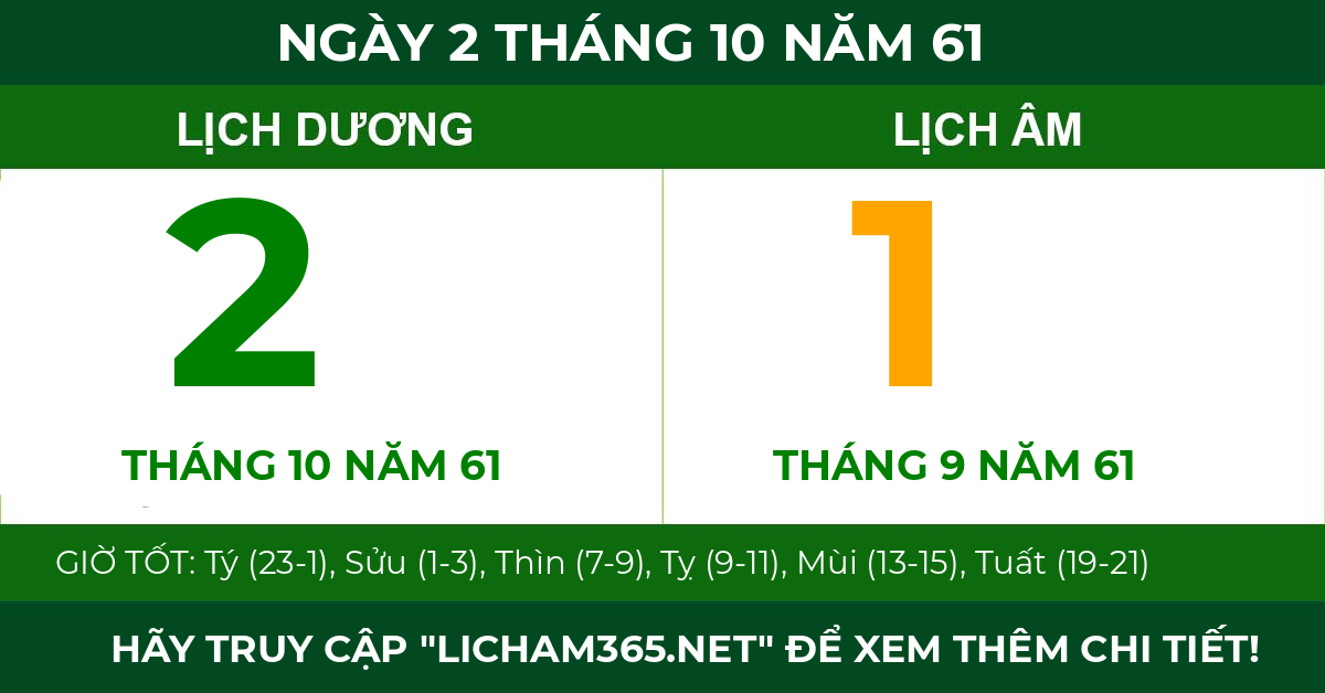 lịch âm ngày 2 tháng 10 năm 61