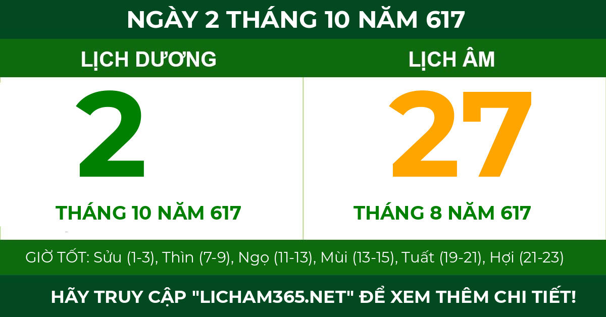 lịch âm ngày 2 tháng 10 năm 617