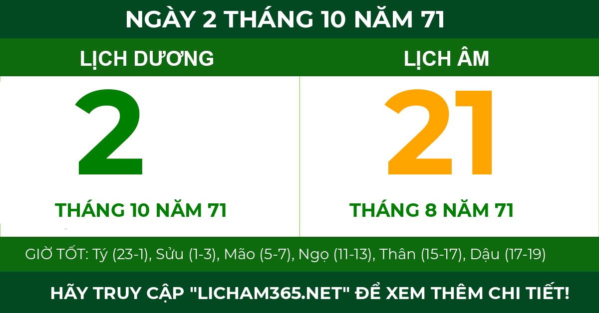 lịch âm ngày 2 tháng 10 năm 71