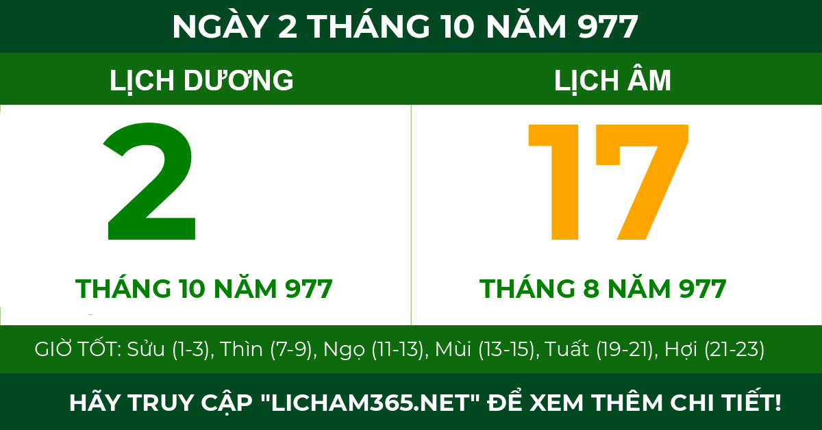 lịch âm ngày 2 tháng 10 năm 977