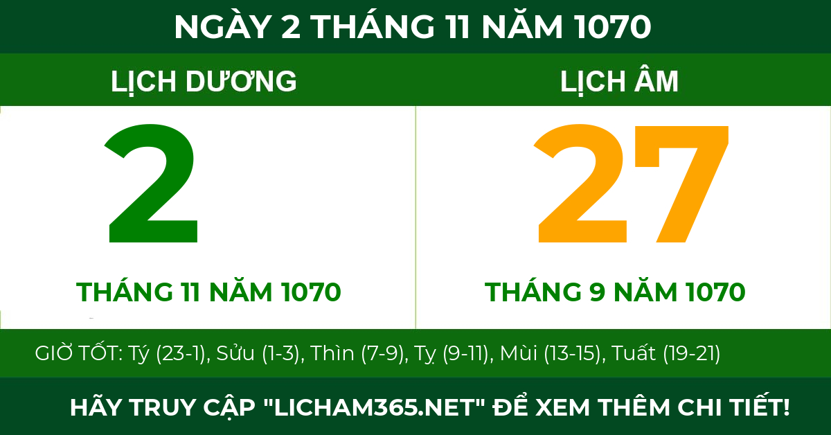 lịch âm ngày 2 tháng 11 năm 1070