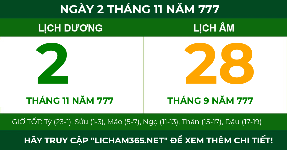 lịch âm ngày 2 tháng 11 năm 777