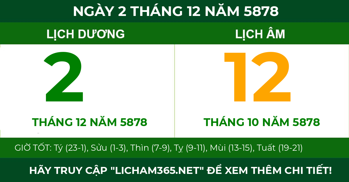 lịch âm ngày 2 tháng 12 năm 5878