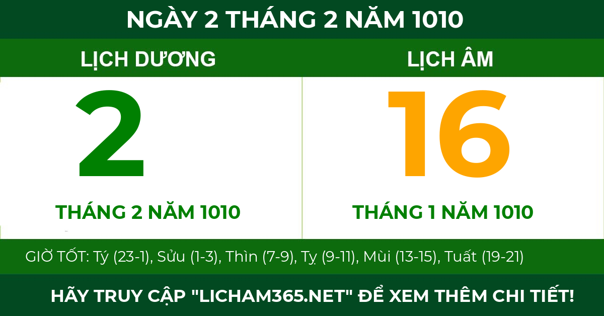 lịch âm ngày 2 tháng 2 năm 1010