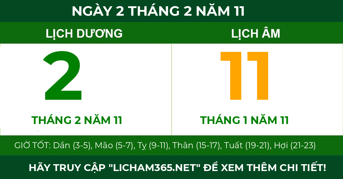 lịch âm ngày 2 tháng 2 năm 11