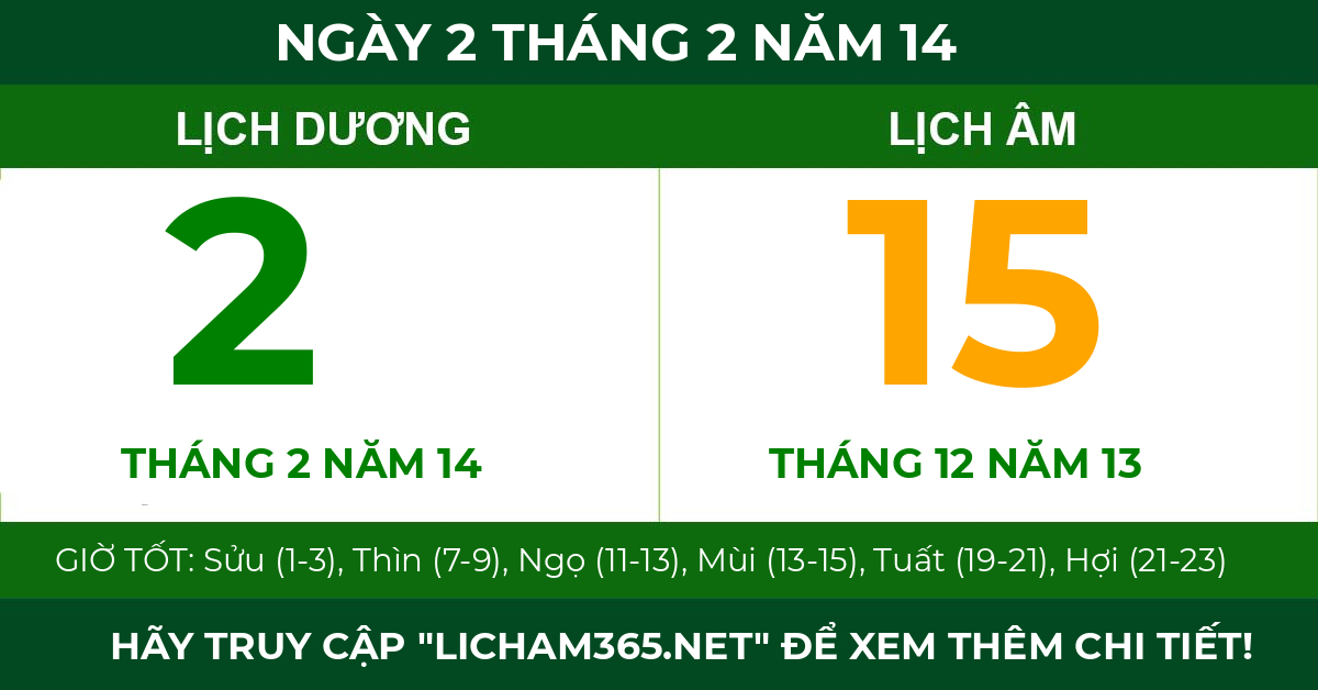 lịch âm ngày 2 tháng 2 năm 14