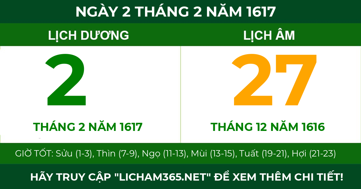 lịch âm ngày 2 tháng 2 năm 1617