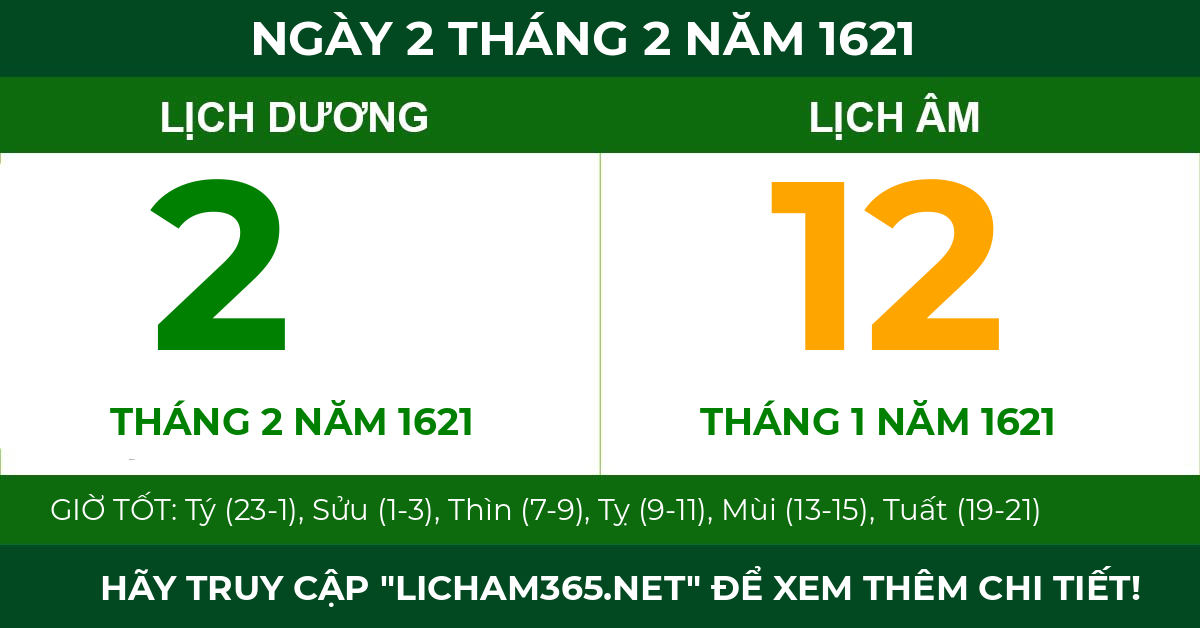 lịch âm ngày 2 tháng 2 năm 1621