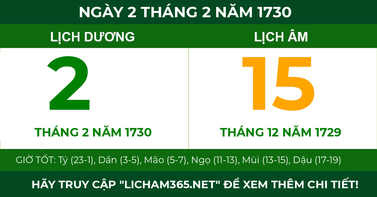 lịch âm ngày 2 tháng 2 năm 1730