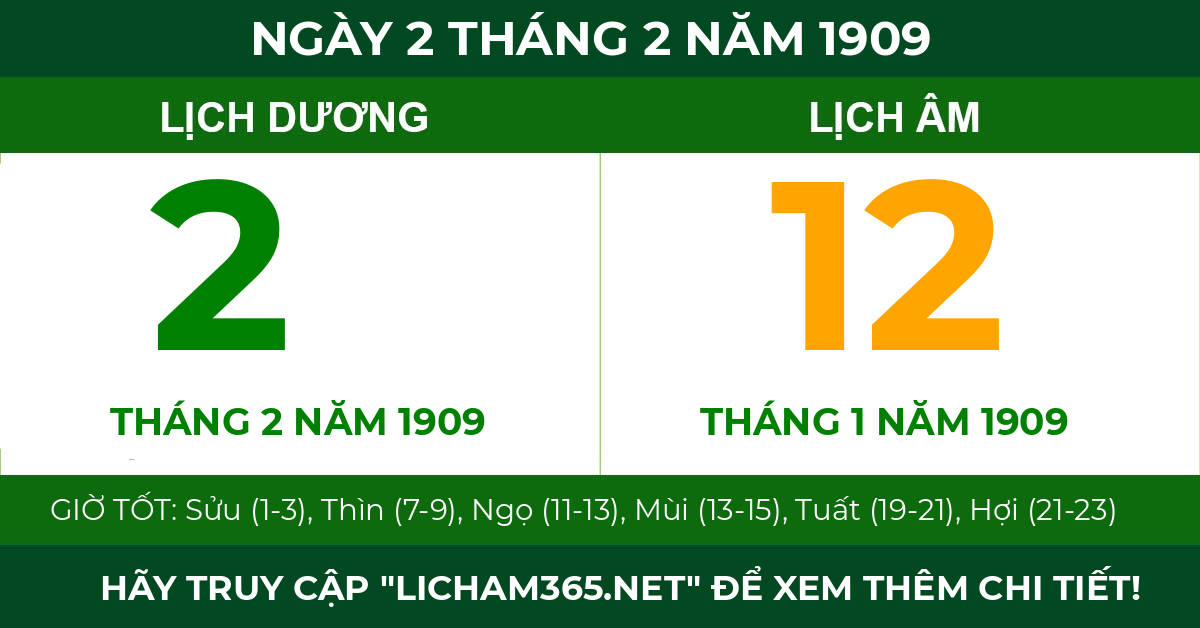 lịch âm ngày 2 tháng 2 năm 1909