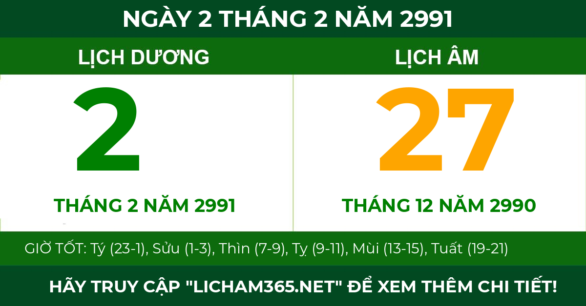 lịch âm ngày 2 tháng 2 năm 2991