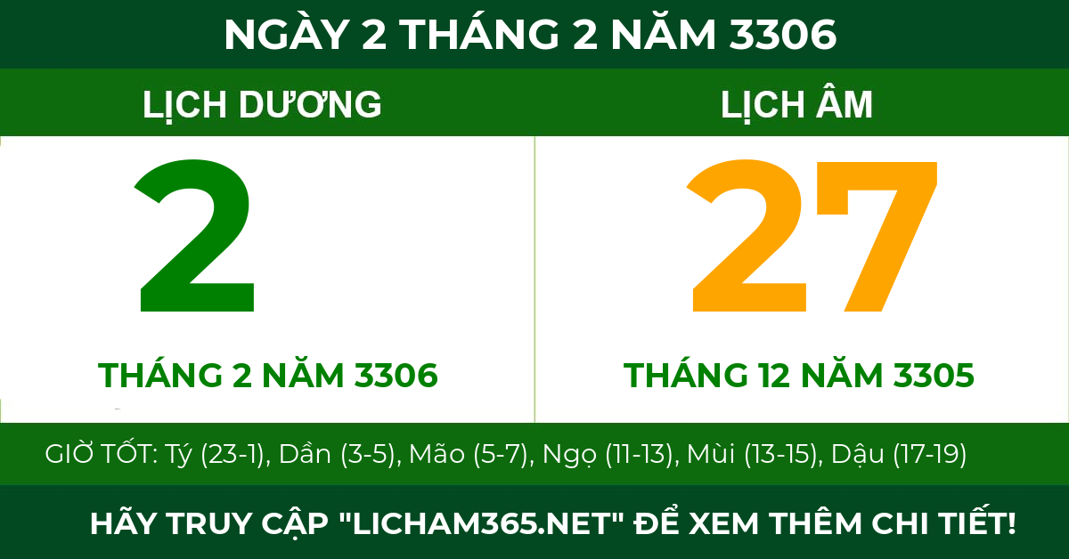 lịch âm ngày 2 tháng 2 năm 3306