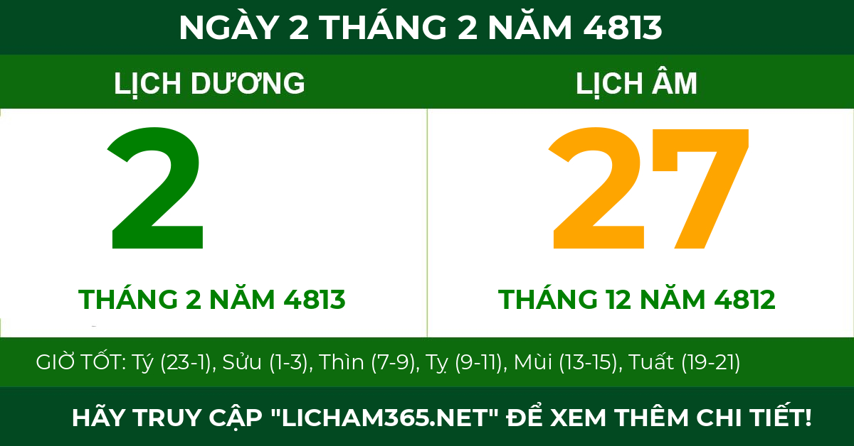 lịch âm ngày 2 tháng 2 năm 4813