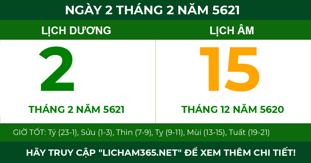 lịch âm ngày 2 tháng 2 năm 5621