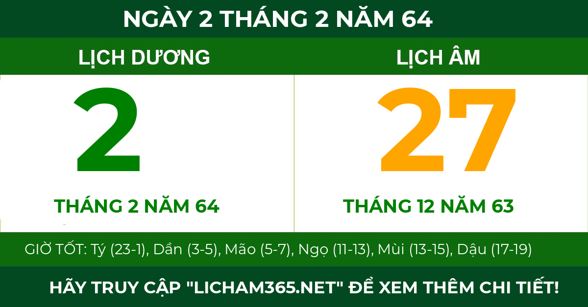 lịch âm ngày 2 tháng 2 năm 64