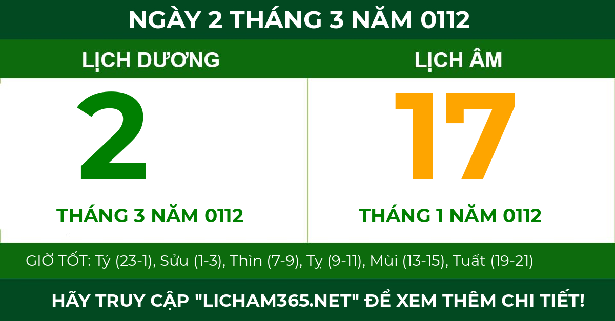lịch âm ngày 2 tháng 3 năm 0112