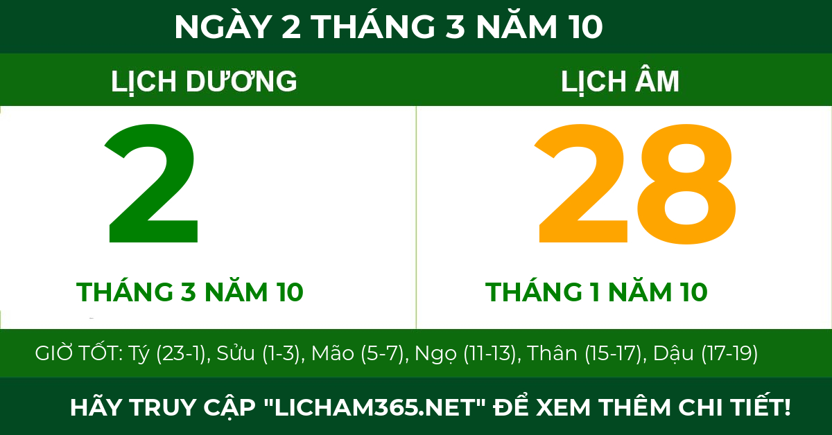 lịch âm ngày 2 tháng 3 năm 10