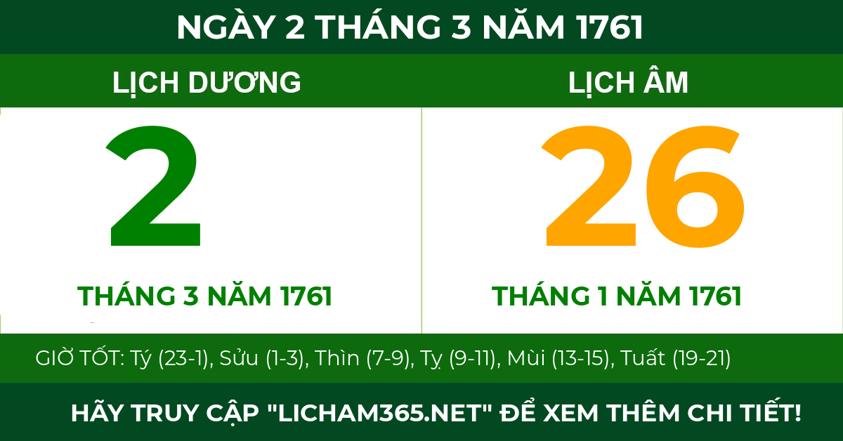 lịch âm ngày 2 tháng 3 năm 1761