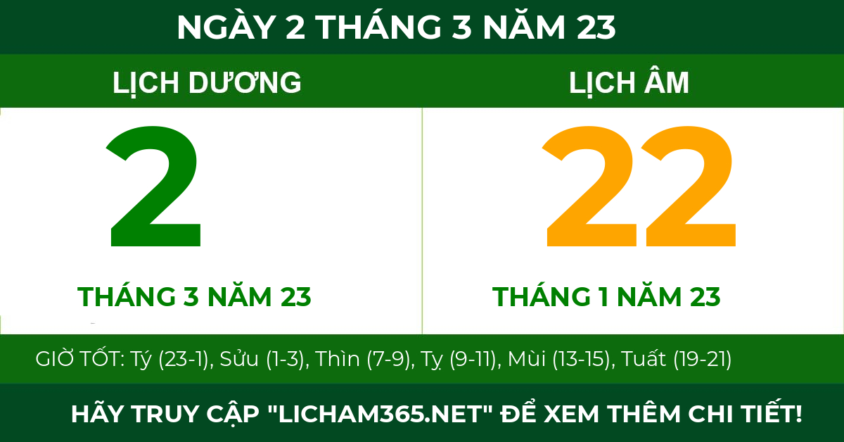 lịch âm ngày 2 tháng 3 năm 23