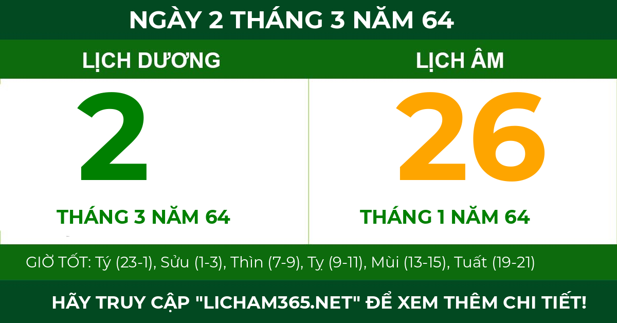 lịch âm ngày 2 tháng 3 năm 64