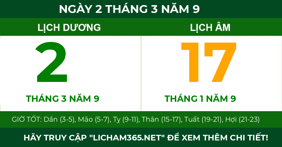 lịch âm ngày 2 tháng 3 năm 9