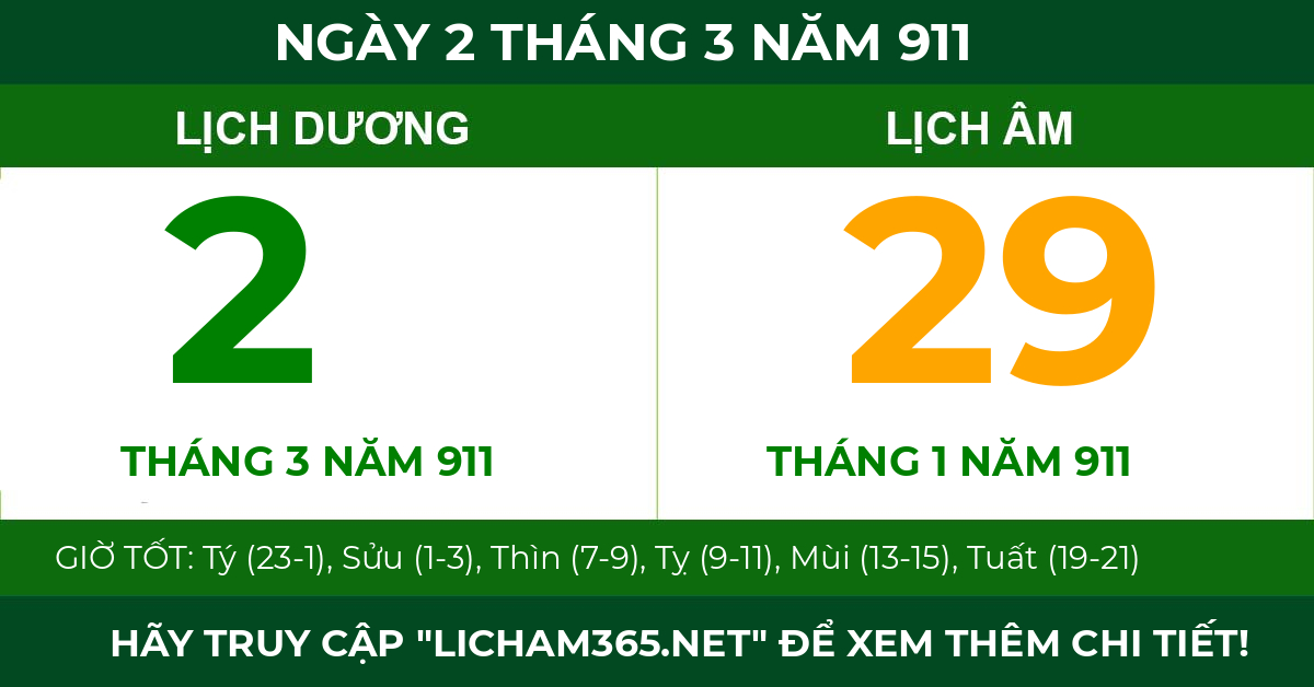 lịch âm ngày 2 tháng 3 năm 911