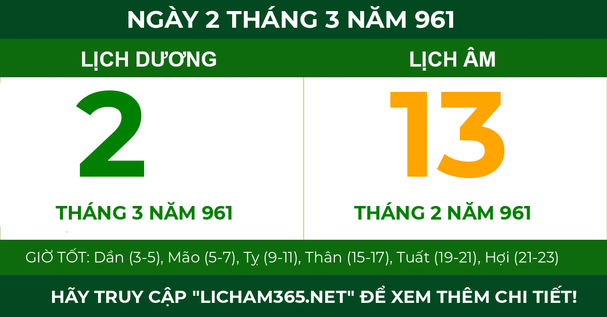 lịch âm ngày 2 tháng 3 năm 961