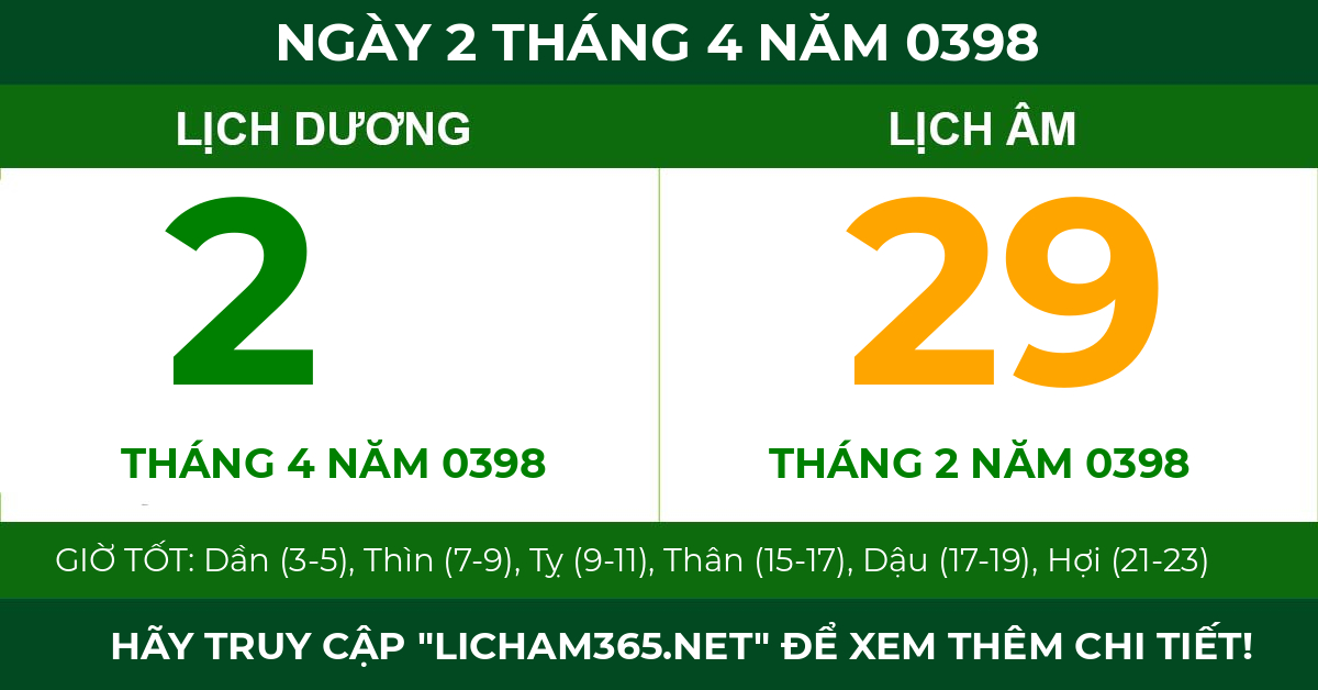 lịch âm ngày 2 tháng 4 năm 0398