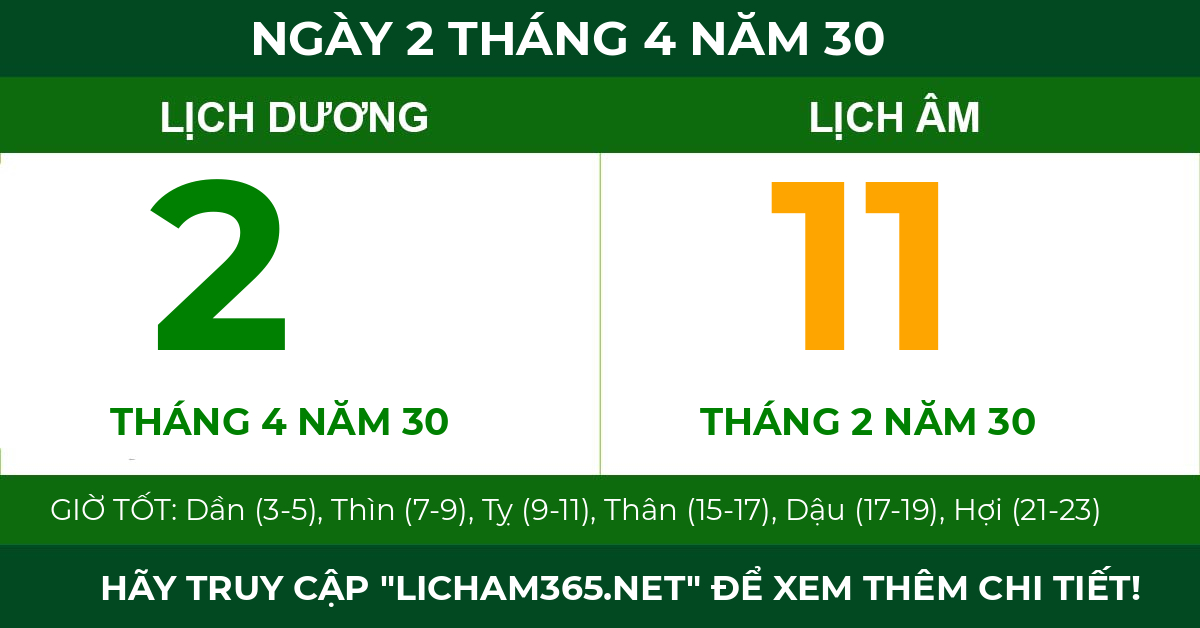 lịch âm ngày 2 tháng 4 năm 30