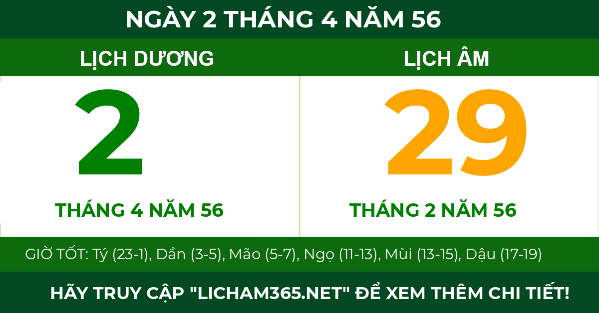 lịch âm ngày 2 tháng 4 năm 56