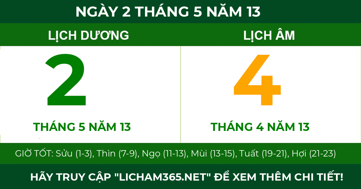 lịch âm ngày 2 tháng 5 năm 13