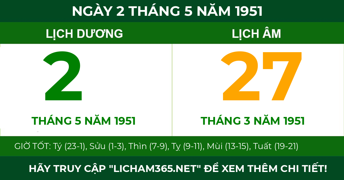 lịch âm ngày 2 tháng 5 năm 1951
