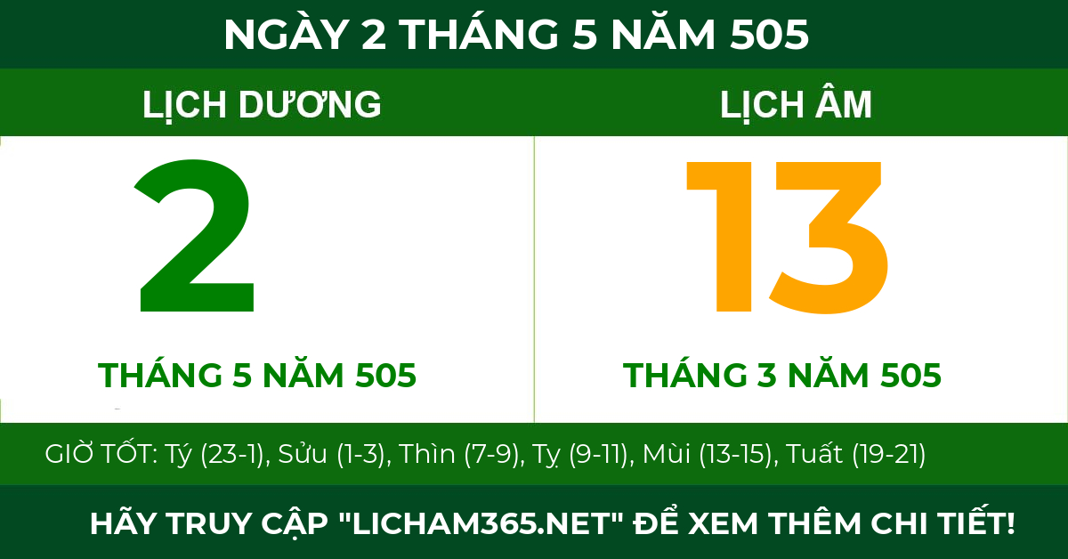 lịch âm ngày 2 tháng 5 năm 505