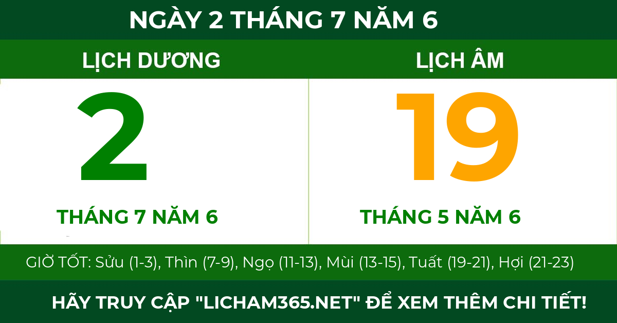 lịch âm ngày 2 tháng 7 năm 6