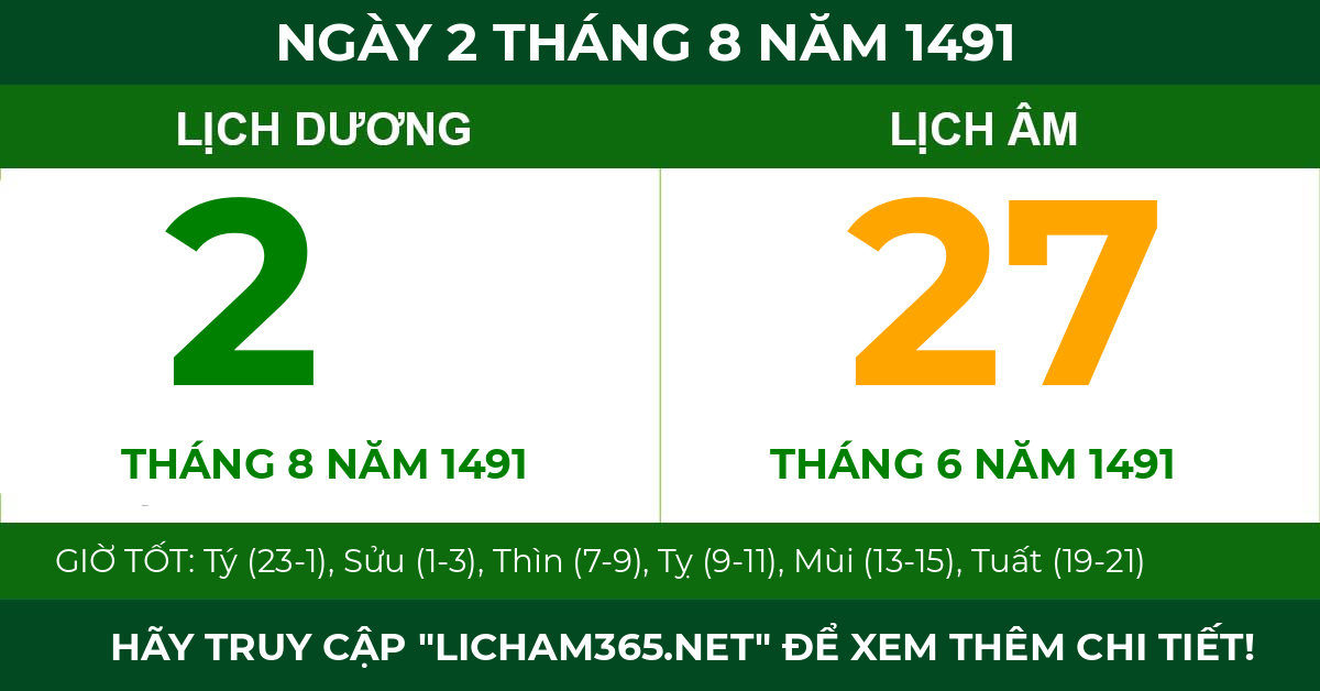 lịch âm ngày 2 tháng 8 năm 1491