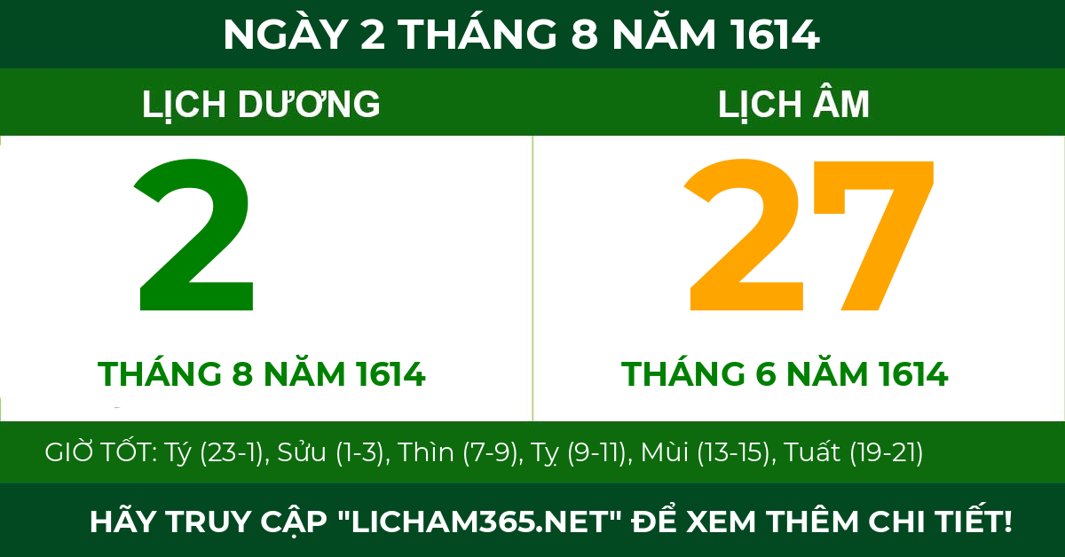 lịch âm ngày 2 tháng 8 năm 1614