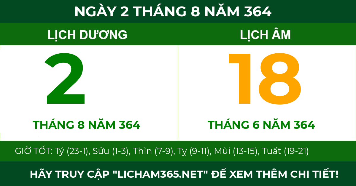 lịch âm ngày 2 tháng 8 năm 364