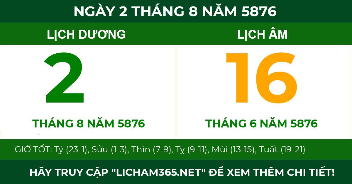 lịch âm ngày 2 tháng 8 năm 5876