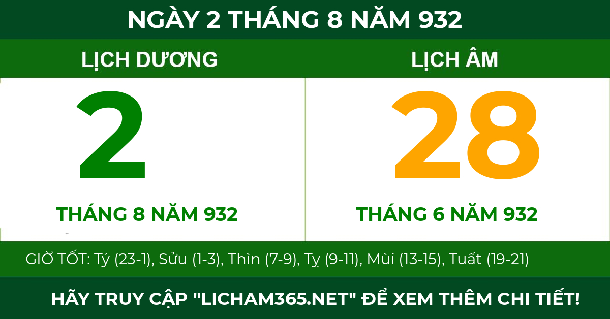 lịch âm ngày 2 tháng 8 năm 932
