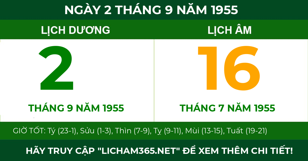 lịch âm ngày 2 tháng 9 năm 1955