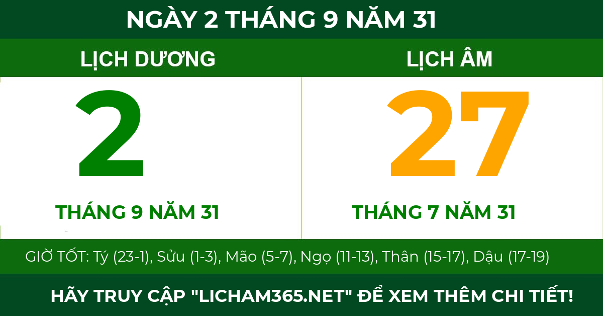 lịch âm ngày 2 tháng 9 năm 31