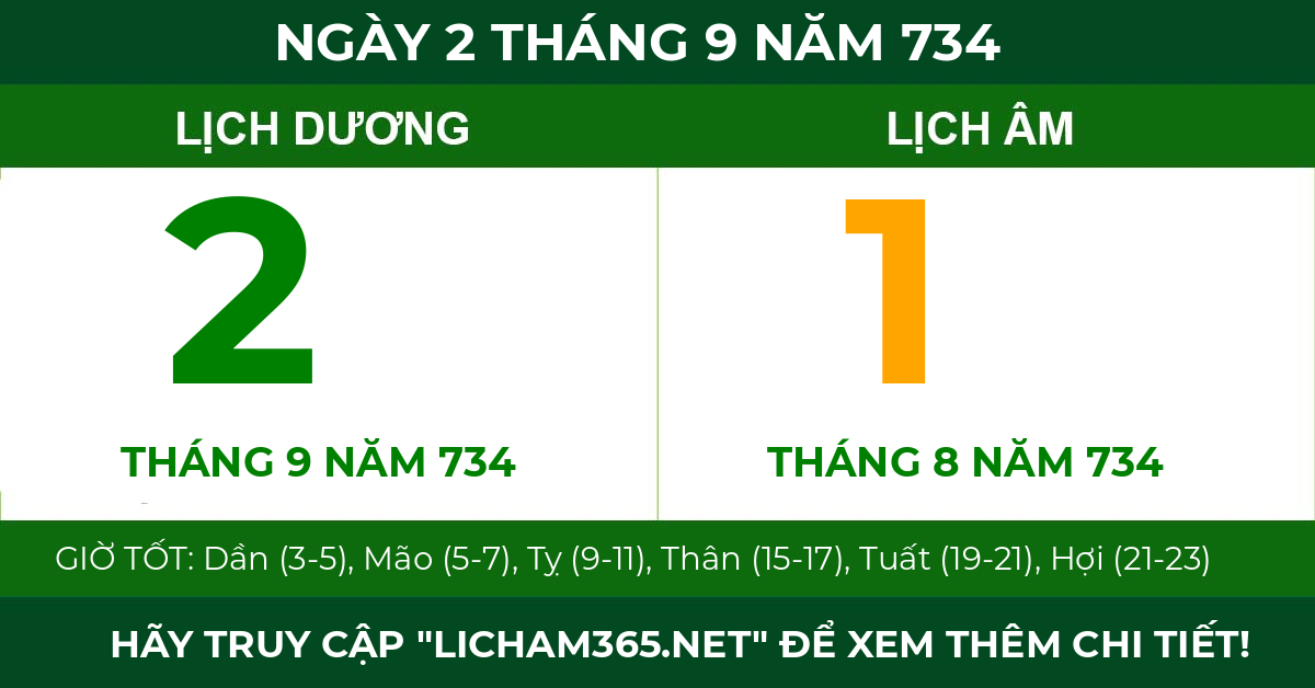 lịch âm ngày 2 tháng 9 năm 734