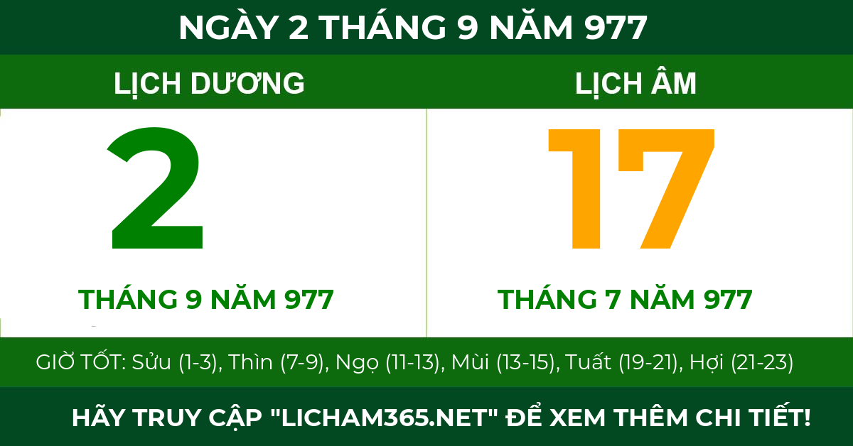 lịch âm ngày 2 tháng 9 năm 977