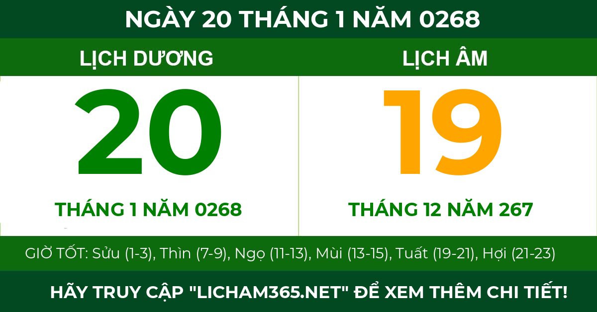 lịch âm ngày 20 tháng 1 năm 0268