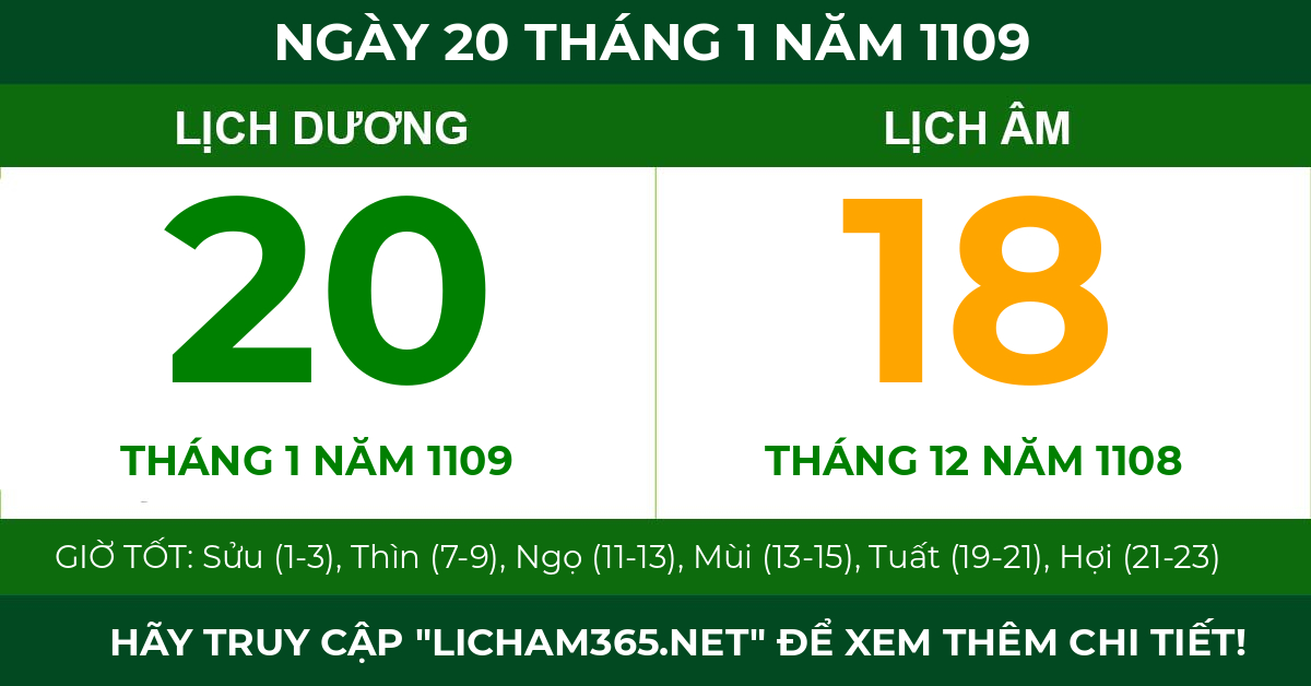 lịch âm ngày 20 tháng 1 năm 1109